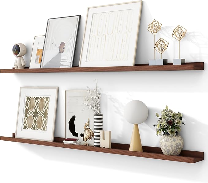 Solid Ash Wood Picture Ledge Shelf, Floating Shelves Set of 2, 56 Inch Long Large Ledge Shelves, Nursery Book Shelves Wall Mounted for Living Room Bedroom Kitchen Decor Kids Bookshelf, Walnut-Ruum Studio Home