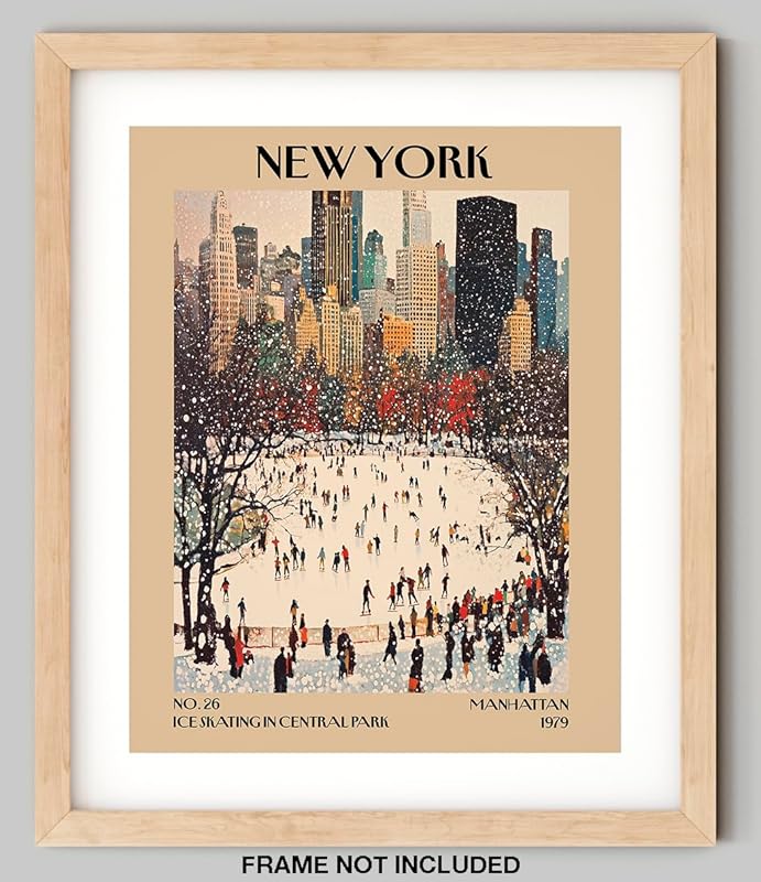 Retro Vintage New York Wall Art Print - 11x14 Unframed Poster - New York City Souvenirs, Cute Trendy Colorful Wall Decor (Ice Skating in Central Park, 11x14")-Ruum Studio Home