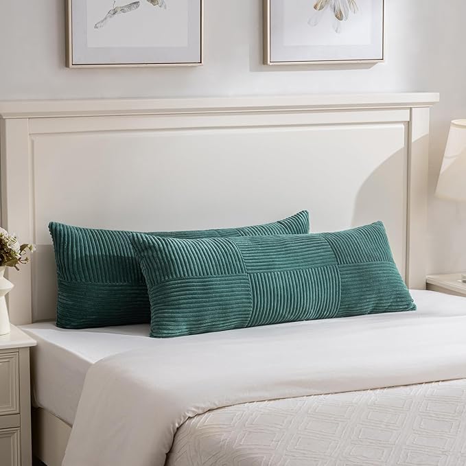 Fancy Homi Set of 2 Teal Boho Long Lumbar Body Decorative Throw Pillow Cover 14x36 Inch for Bed Couch Bedroom Bench, Soft Patchwork Corduroy Textured Pillow Case, Rustic Farmhouse Room Décor-Ruum Studio Home