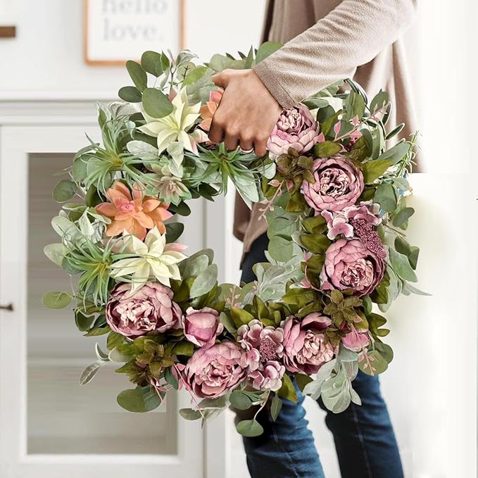 WANNA-CUL 24 Inch Spring Peony Wreaths for Front Door,Succulent Summer Wreath with Pink Peony Floral, Spring Front Door Decor with Succulent Arrangement Decoration-Ruum Studio Home