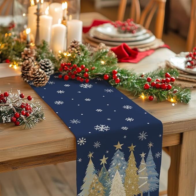 GEEORY Christmas Table Runner 13x90 Inch, Xmas Trees Snowflakes Holiday Decorative Farmhouse Table Decoration for Kitchen Dinning, Indoor Outdoor Dinner Party Decor (Blue) GT151-90-Ruum Studio Home