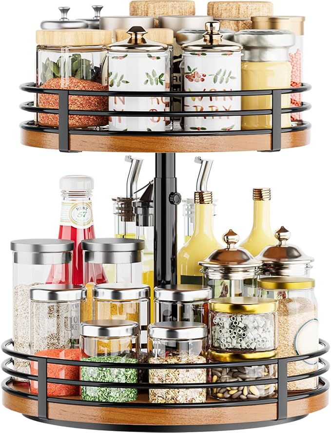 Lazy Susan Turntable Organizer Adjustable - 2 Tier Wood Rotating Spice Rack 12 Inch Lazy Susan for Kitchen Countertop Cabinet Pantry Cupboard Dining Table Bathroom Coffee Bar Home Storage-Ruum Studio Home