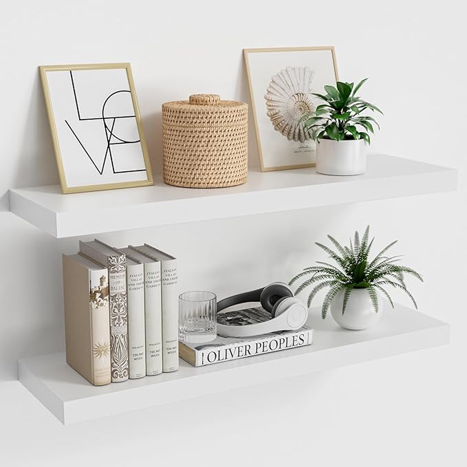 Floating Wood Shelves for Wall 24 Inches x 8”x 1.4” Shelf Floating Home Decor, Heavy Duty Shelf Hold 60 lbs, Wall Shelves for Bathroom Living Room Kitchen Bedroom Office - Set of 2 White-Ruum Studio Home