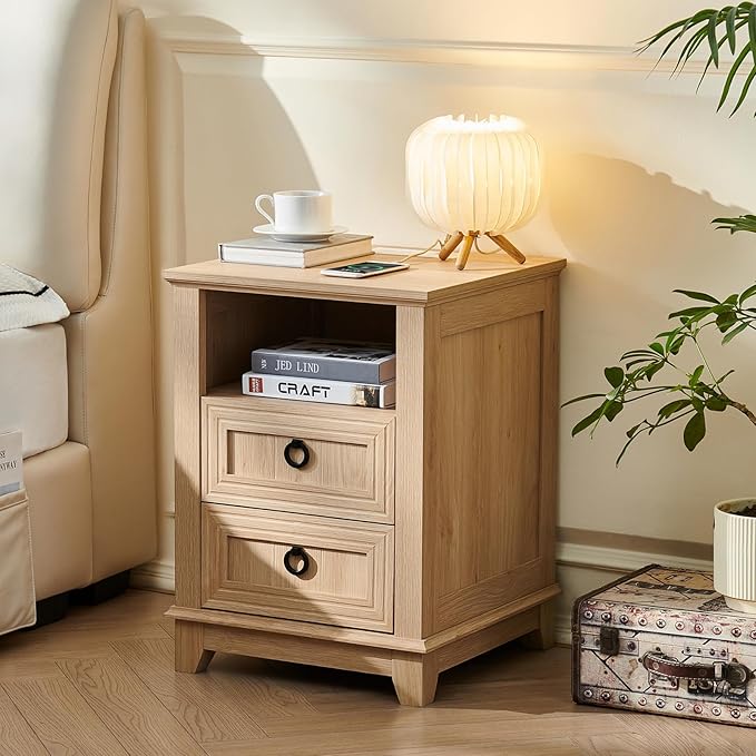 18" Farmhouse Night Stands Set of 2 with Charging Station, 2 Drawers Bedside End Table, Natural Wooden Nightstand, Bed Side Table Cabinet with Open Shelf for Bedroom Living Room Office-Ruum Studio Home