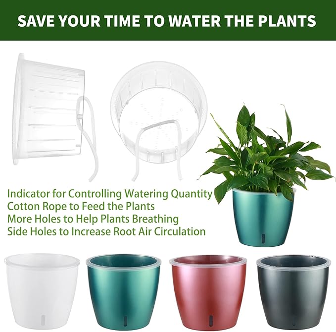 Self Watering Pots for Indoor Plants, 6-Pack 5'' Self Watering Planter with Drainage Holes, Small African Violet Pots with Water Indicator, Clear Wick Orchid Pot, Grey-Ruum Studio Home