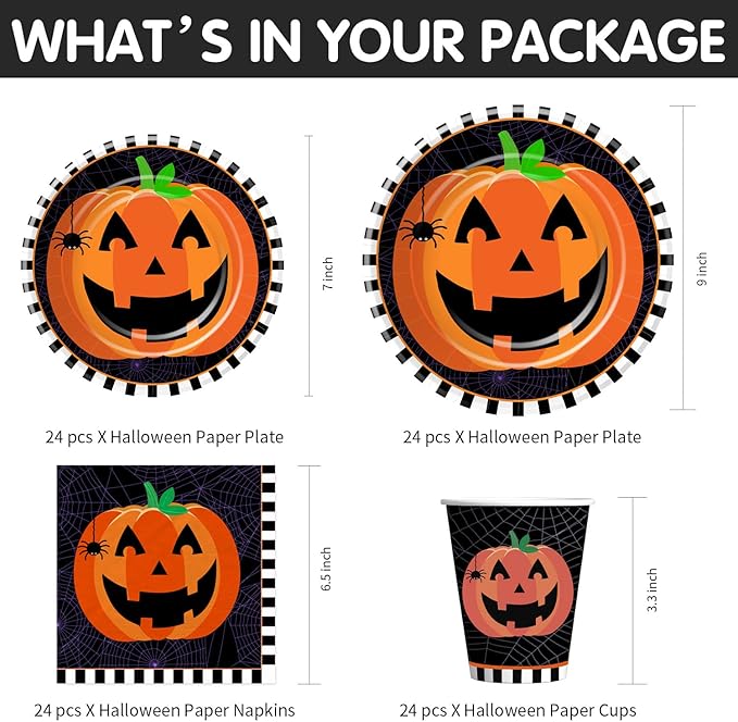 Halloween Plates and Napkins Party Supplies, Pumpkin Halloween Party Decorations Tableware, Pumpkin Paper Plate, Cup, Napkin, Tablecloth, Disposable Cutlery, Serves 24-Ruum Studio Home