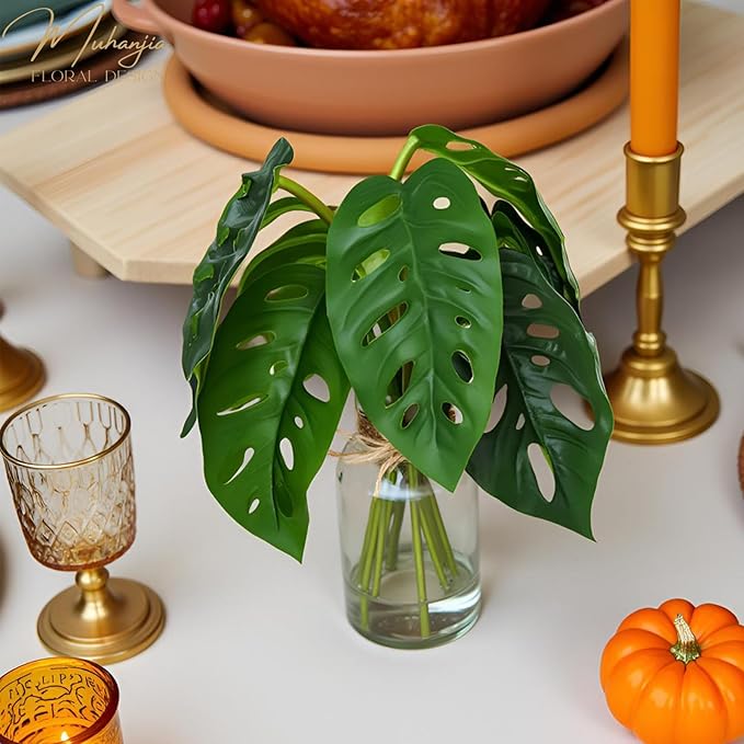 Artificial Flowers Turtle-Back, Alocasia Leaf, in Glass Vase with Faux Water,7Pcs Artificial Leaves Real Touch Latex Leaves for Centerpiece (1, Turtle-Back Leaf)-Ruum Studio Home