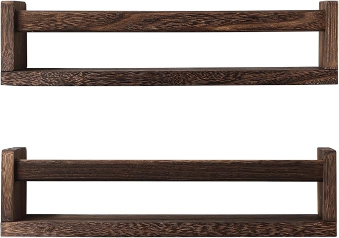 Nursery Book Shelves, Set of 2 Wood Floating Book Shelves for Kids Room, Kitchen Spice Rack, or Rustic Wall Mounted Shelves for Farmhouse Bathroom Decor (Carbon Brown)-Ruum Studio Home