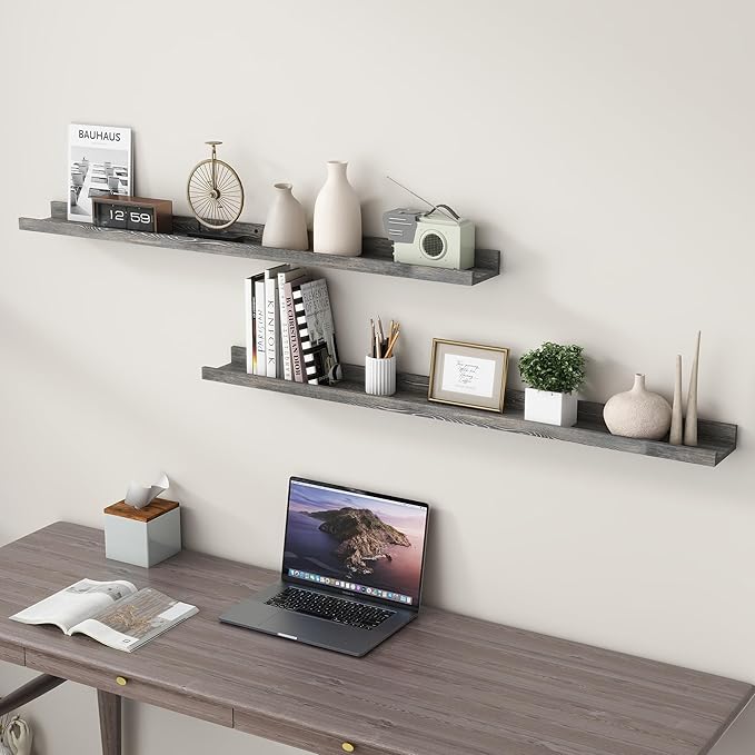48 Inch Long Floating Shelves for Wall, Solid Pine Wood Picture Ledge Shelves with Lips, Nursery Book Shelves for Toys Storage Living Room Bedroom Photo Frames (2 Pcs, Grey)-Ruum Studio Home
