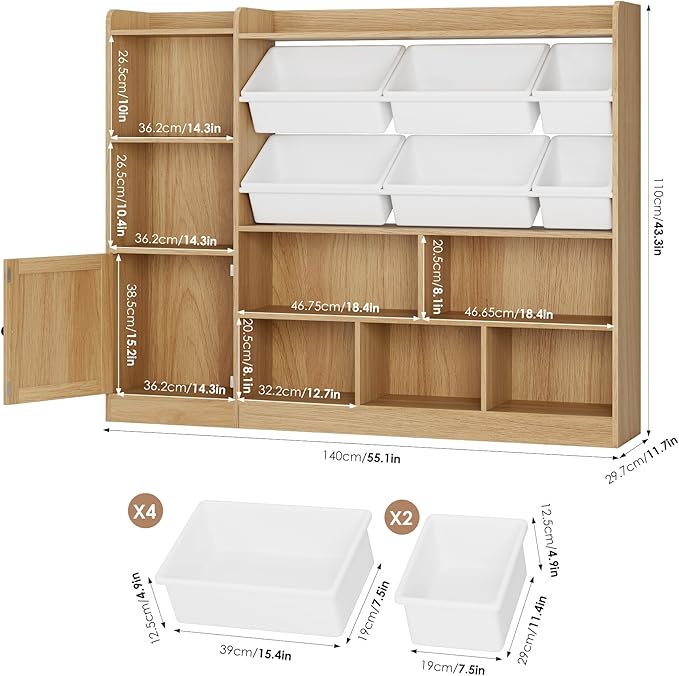 Toy Storage Organizer, 55” Wide Toy Organizers and Storage with 8 Storage Cubbies & 6 Toy Bins, Large Toy Box with Bookshelf, Playroom Storage for Playroom, Oak-Ruum Studio Home