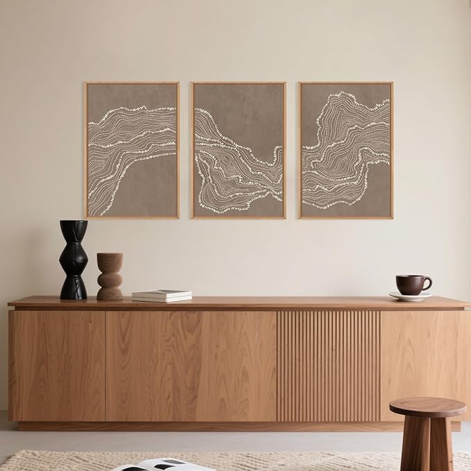 Geometric White Tan Wave Framed Canvas Wall Art Set, Abstract Line Art Painting, Modern Minimalism Wall Decor, Neutral Art Print for Living Room, Bedroom, Dining Room, Office - 16"x24"x3-Ruum Studio Home