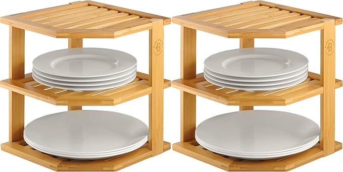 2-Pack Plate Organizer for Cabinet - Bamboo Corner Shelf for Kitchen or Bathroom Storage, Space-Saving Rack for Dishes, Countertop, Cabinet, Pantry - Organization & Housewarming Gift-Ruum Studio Home