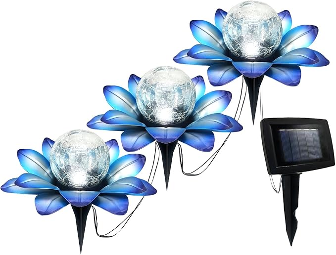 LEWIS&WAYNE Solar Garden Lights Outdoor, 3 Pcs Blue Lotus Flower Pathway Lamps with Cool White Crackle Glass Globe Led Lights for Patio Pathway Yard Balcony Garden Decorations-Ruum Studio Home