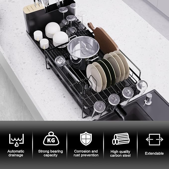 Runnatal Large Dish Drying Rack with Drainboard Set, Dish Rack, Extendable Dish Rack, Utensil Holder, Cup Holder, Expandable Dish Drainer for Kitchen Counter-Ruum Studio Home