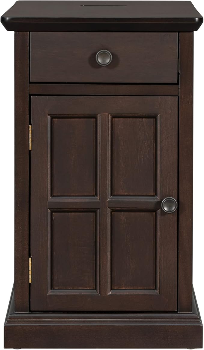 Traditional Wood End Table with Charging Station, Modern Vintage Sofa Chair Side Table Nightstand with Storage & Drawer for Living Room Bedroom, No Assembly, Antique Espresso-Ruum Studio Home