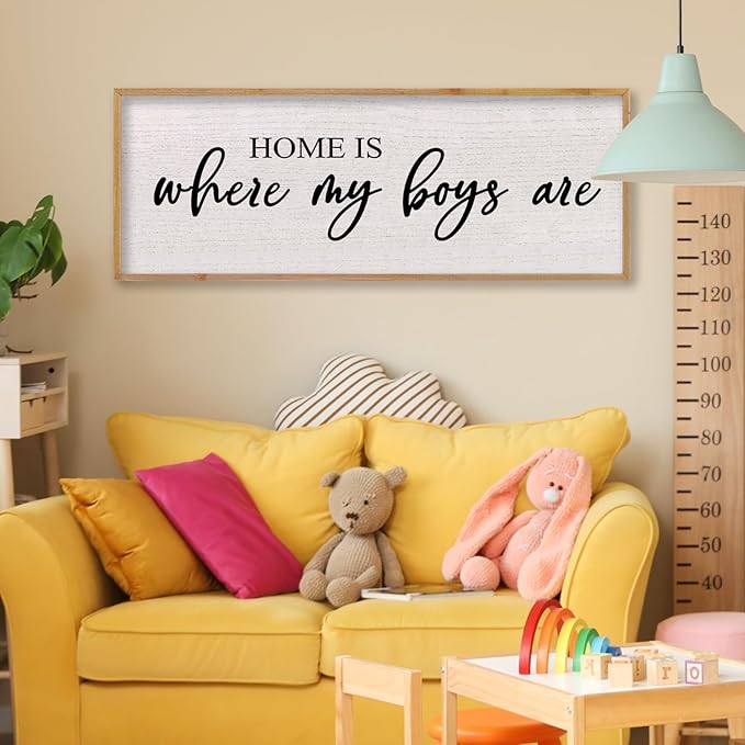 Home Is Where My Boys Are Wall Decor 40"×15" mom and her boys Sign for boys room Playroom Large Wood Framed Wall Hanging Art (Wood)-Ruum Studio Home