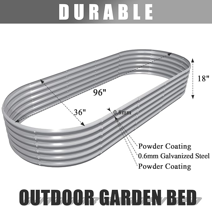 1 Pack 8x3x1.5FT Galvanized Raised Garden Bed Kit Oval Metal Ground Planter Box Outdoor Bottomless Planter Raised Beds for Vegetables Flowers Herbs Fruits, Gray-Ruum Studio Home
