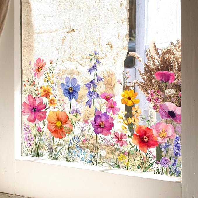 Colorful Flower Garden Window Clings, Wildflower Grass Lily Peony Poppy Floral Window Decals-Ruum Studio Home