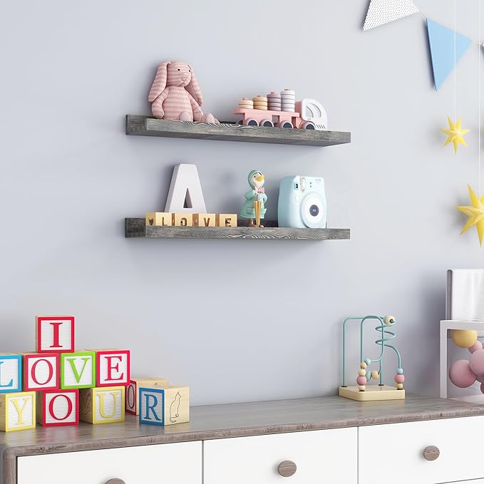 24 Inches Floating Shelves for Wall, Solid Pine Wood Picture Ledge Shelves, Wall Shelves with Lips, Nursery Book Shelves for Toys Storage Living Room Bedroom Photo Frames (2 Pcs, Grey)-Ruum Studio Home