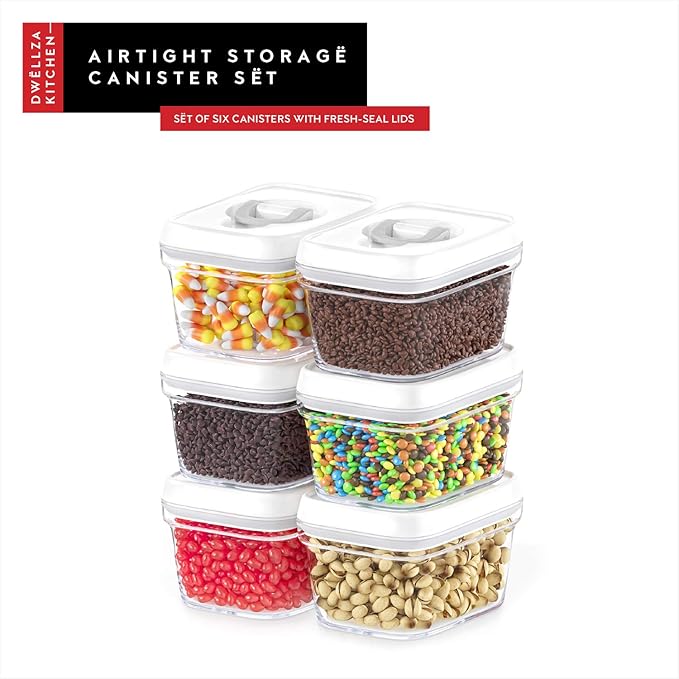 DWËLLZA KITCHEN Airtight Food Storage Containers with Lids – 6 Pieces All Same Size - Pantry Container for Spices, Candy, Nuts, Coffee and Tea, Clear Plastic BPA-Free, Keeps Food Fresh & Dry-Ruum Studio Home