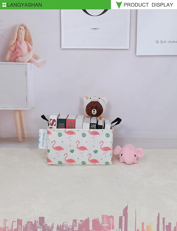 LANGYASHAN Rectangular Storage Bin Collapse Canvas Fabric Cartoon Storage Basket with Handles for Organizing Home Kitchen Boys and Girls Toys Office Closet Shelf Baskets(Rec Leaf Flamingo)-Ruum Studio Home