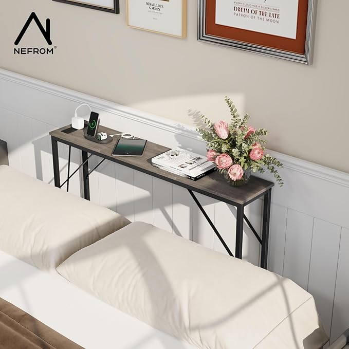 Console Table, Skinny Entryway Table with Fast-Charging Station, Narrow Long Sofa Table, Behind Slim Couch Table for Entrance, Hallway, Living Room Decor ST-GY100-1-Ruum Studio Home
