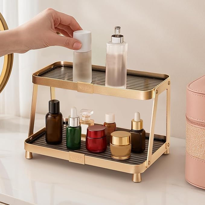 YUPER Bathroom Counter Organizer, 2-Tier Bathroom Organizers and Storage, Large Makeup Storage Shelf Vanity Tray Perfume Organizer, Bedroom Kitchen Corner Counter Storage Sink Shelf Gold-Ruum Studio Home