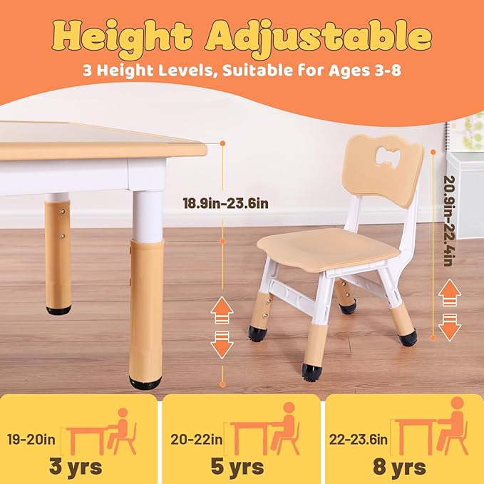 FUNLIO Kids Table and 4 Chairs Set for Ages 3-8, Height Adjustable Toddler Table and Chair Set, Easy to Wipe Arts & Crafts Table, for Classrooms/Daycares/Homes, CPC & CE Approved (5 pcs Set) - Natural-Ruum Studio Home