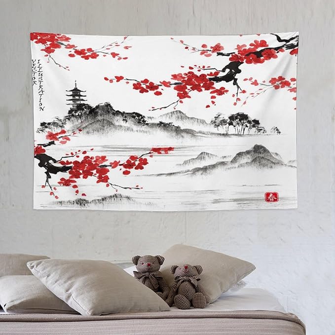 Cherry Blossoms Tapestry, Japanese Fuji Mountain Tapestry, Asian Japanese Wall Tapestry, Nature Landscape Tapestries for Bedroom Living Room Decor 60"x40"-Ruum Studio Home