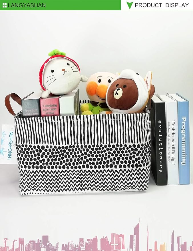 LANGYASHAN Rectangular Storage Bin Collapse Canvas Fabric Cartoon Storage Basket with Handles for Organizing Home Kitchen Boys and Girls Toys Office Closet Shelf Baskets (Rec Black line)-Ruum Studio Home