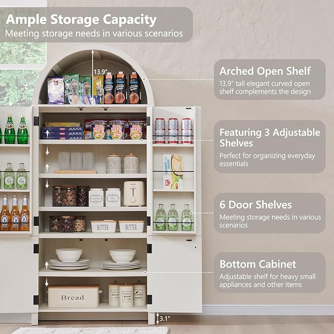 71" Tall Arched Bathroom Storage Cabinet, Modern Fluted Storage Cabinet w/Doors, 3 Adjustable Shelves, 6 Door Shelves, Wood Freestanding Cabinet for Bathroom, Entryway, Hallway, Antique White-Ruum Studio Home