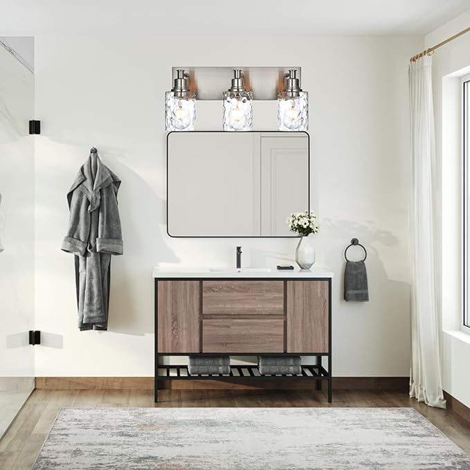 BONLICHT Bathroom Vanity Light Fixtures 3 Lights Modern Wall Sconce Brushed Nickel with Metal Base and Hammered Glass Shade, Industrial Farmhouse Bath Wall Lights for Hallway Kitchen Bedroom-Ruum Studio Home