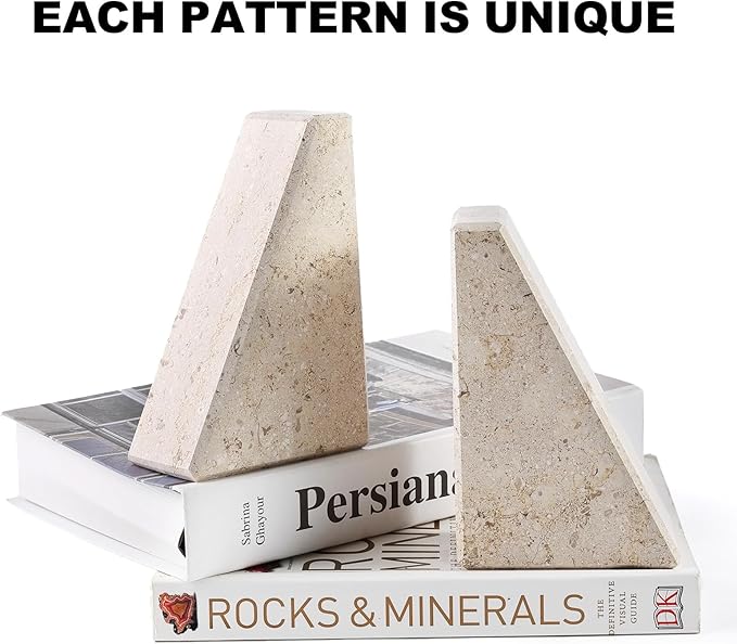 Marble Bookends for Heavy Books, Decorative Book Ends for Shelves, Beige Stone Durable and Heavy-Duty Book Ends for Hardback Books & CDS, Unique Book Stopper & Holder, Set of 2-Ruum Studio Home