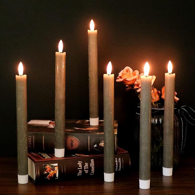 GenSwin Flameless Grey Taper Candles Flickering with 10-Key Remote, Battery Operated Led Warm 3D Wick Light Window Candles Real Wax Pack of 6, Christmas Home Wedding Decor(0.78 X 9.64 Inch)-Ruum Studio Home