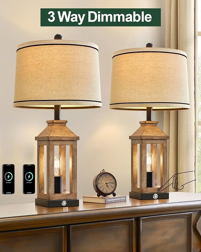 23.75" Farmhouse Dual USB Charging Ports 3-Way Dimmable Touch Control Table Lamp with Nightlight Vintage Modern Lamps for Living Room Bedroom-Ruum Studio Home