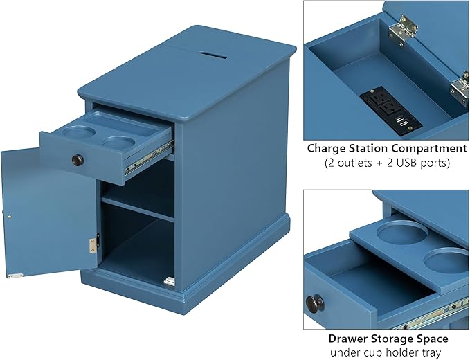 Traditional Wood End Table with Charging Station, Modern Vintage Sofa Chair Side Table Nightstand with Storage & Drawer for Living Room Bedroom, No Assembly, Antique Navy-Ruum Studio Home