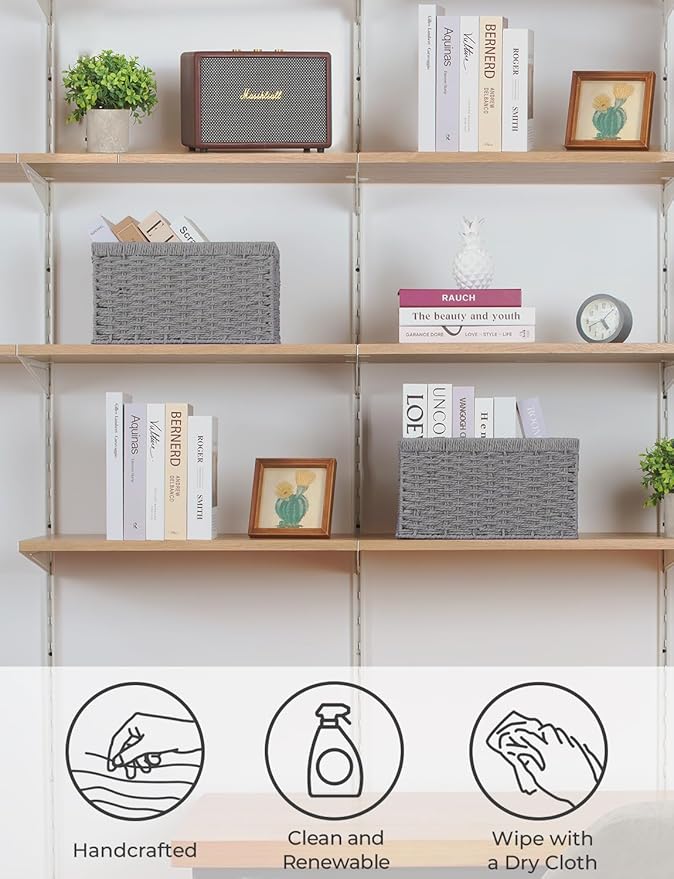 StorageWorks Round Paper Rope Storage Baskets, Rectangular Wicker Baskets with Built-in Handles, Gray, 2-Pack-Ruum Studio Home