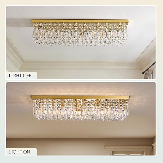 Rectangle Chandelier 8-Light Crystal Chandeliers, Modern Dining Room Light Fixture Luxury Gold Rectangular Flush Mount Chandelier Ceiling Light for Dining Room Living Room Kitchen Island Bar L40 Inch-Ruum Studio Home