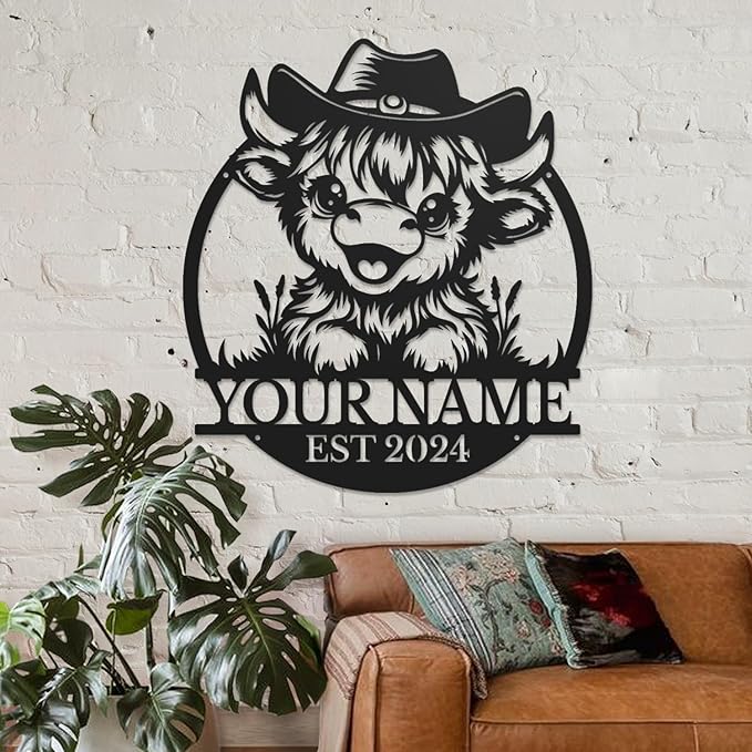 Personalized Highland Cow Name metal Signs,Custom Highland Cow Metal Shed Wall Decor,Black Metal Wall Art Plaques Outdoor wall Decorative Signage (Style A)-Ruum Studio Home