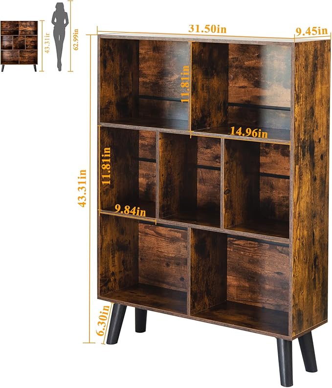 LEYAOYAO Cube Bookshelf 3 Tier Mid-Century Rustic Brown Modern Bookcase with Legs,Retro Wood Bookshelves Storage Organizer Shelf,Freestanding Open Book Shelves for Bedroom,Living Room,Office-Ruum Studio Home