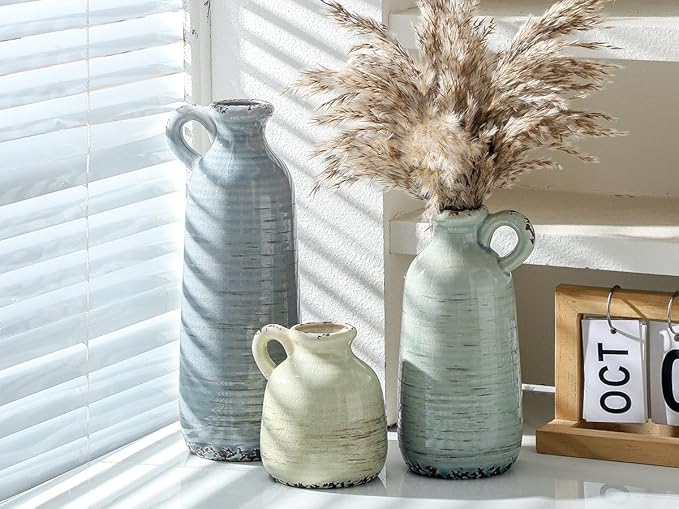 Ceramic Vase Set of 3 | Neutral Vase Home Decor with Handle | Pottery Modern Farmhouse Vases Pampas Grass Flower Vases for Home Decor Table Living Room Centerpieces Mantel Decor - Multicolor-Ruum Studio Home