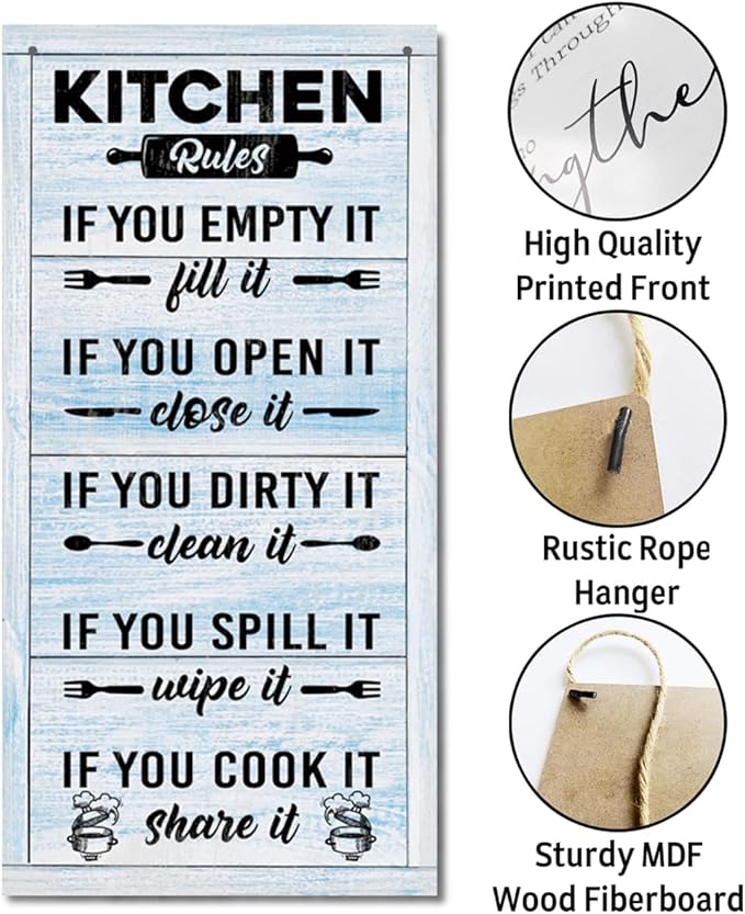 Hanging Kitchen Rules Wood Decor Sign, Rustic Kitchen Wooden Signs, Printed Wood Wall Art Sign, Kitchen Door Rules Rustic Sign, Hanging Wood Sign Kitchen Decor, Funny Farmhouse Kitchen Wall Décor D1-Ruum Studio Home