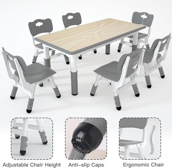Kids Study Table and 6 Chairs Set,Height Adjustable Table and Chairs for Children and Toddlers,47.2"X23.6"Graffiti Desktop,Suitable for Daycare,Classrooms, Home-Ruum Studio Home