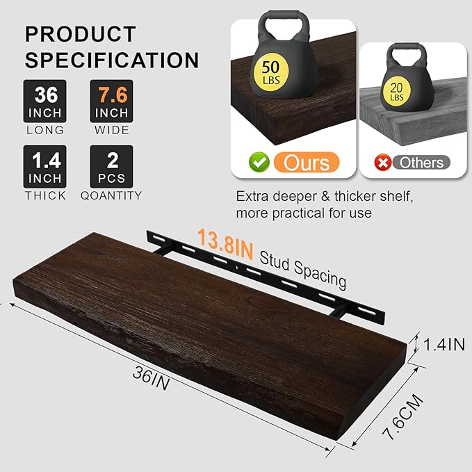 Wood Floating Shelves Set of 2, Aged Elm Wood Picture Wall Shelf, Floating Shelves for Wall for Bedroom Kitchen Bathroom Living Room (Walnut, 36 inch)-Ruum Studio Home