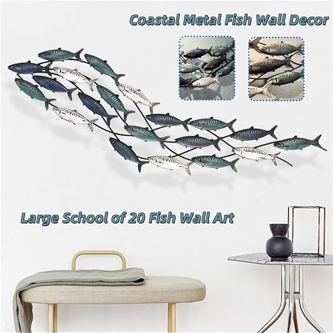 Coastal Metal Fish Wall Decor, Large Nautical Fish Wall Décor,School of 20 Fish Wall Art,3D Fish Wall Sculpture,Fish Metallic Art Decor,Perfect for Living Room,Bedroom,Beach Or Boat Decor,59" X 16.5"-Ruum Studio Home