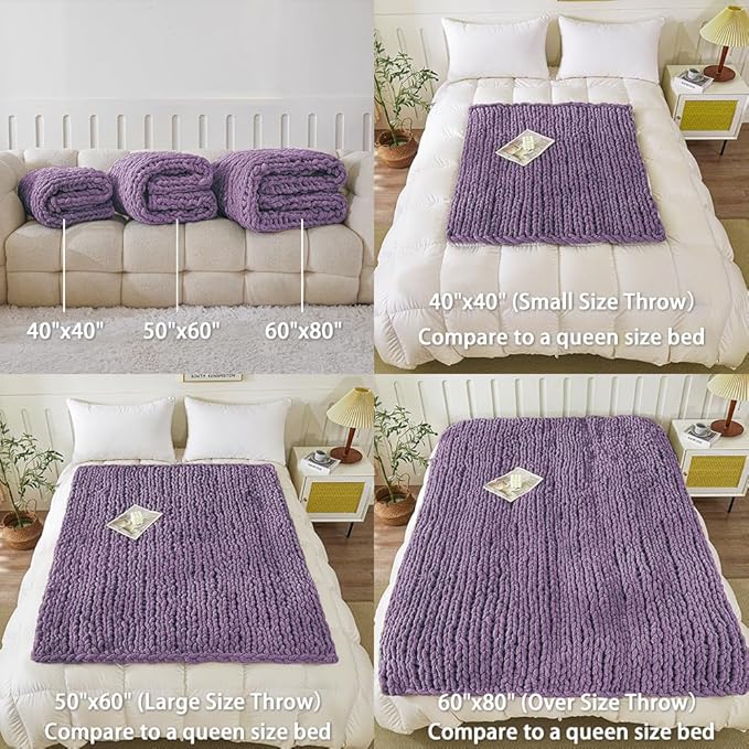 WESHIONGOO Chunky Knit Blanket Throw 40"×40" Knitted Throw Blankets for Couch Bed Fluffy Soft Blanket with Jumbo Chenille Yarn Thick 100% Handmade(Purple)-Ruum Studio Home