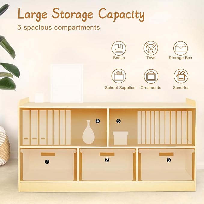 Montessori Shelf, Wooden Toy Storage Organizer for Books Toys, 2 Shelf Bookcase, 5-Section Storage Cabinet, Toddler Book Shelf for Kids Rooms, Playroom, Nursery, Kindergarten (Natural)-Ruum Studio Home