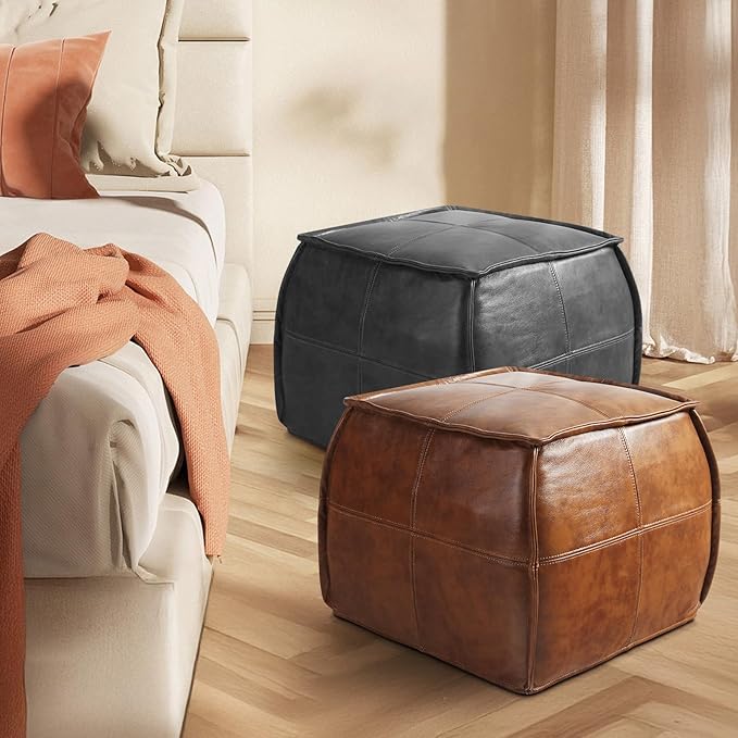 Leather Ottoman,Handmade Stuffed Square Ottoman,Genuine Leather Pouf, Foot Rest Pouf,Comfortable Soft Seating for Living Room & Bedroom (Grey, Square)-Ruum Studio Home