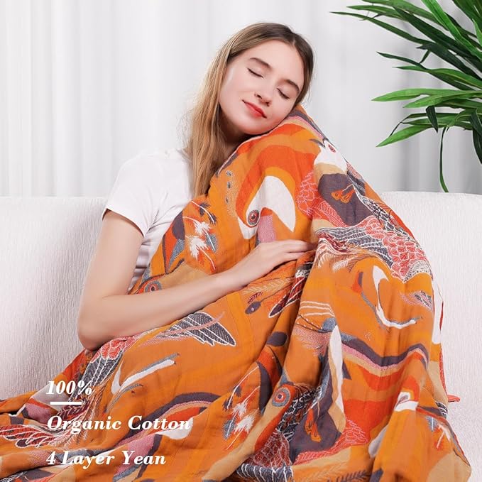 Boho Large Throw Blanket, 100% Organic Muslin Cotton Breathable Soft Bed Throw - Floral Bird Farmhouse Decor Blanket for Sofa Couch Chair Quilt and Gift. 80" x 90"- Colorful-Ruum Studio Home