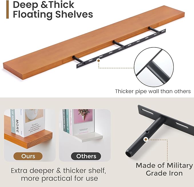 Fun Memories 55 Inches Floating Shelves - 8 Inch Deep Rustic Solid Pine Wood Wall Shelves for Storage - Farmhouse Wall Mounted for Living Room - Heavy-Duty Metal Bracket - 55" W x 8" D - Honey-Ruum Studio Home